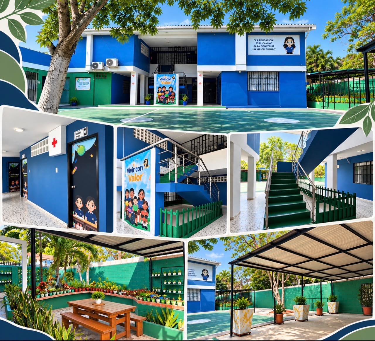 Collage de las instalaciones del Gimnasio Campestre de Barranquilla: fachada azul, patio, pasillos, escaleras y zonas verdes